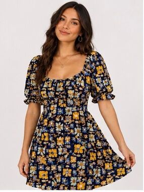 Bebop Navy Floral Puff Sleeve Open Back Mini Dress Size Large